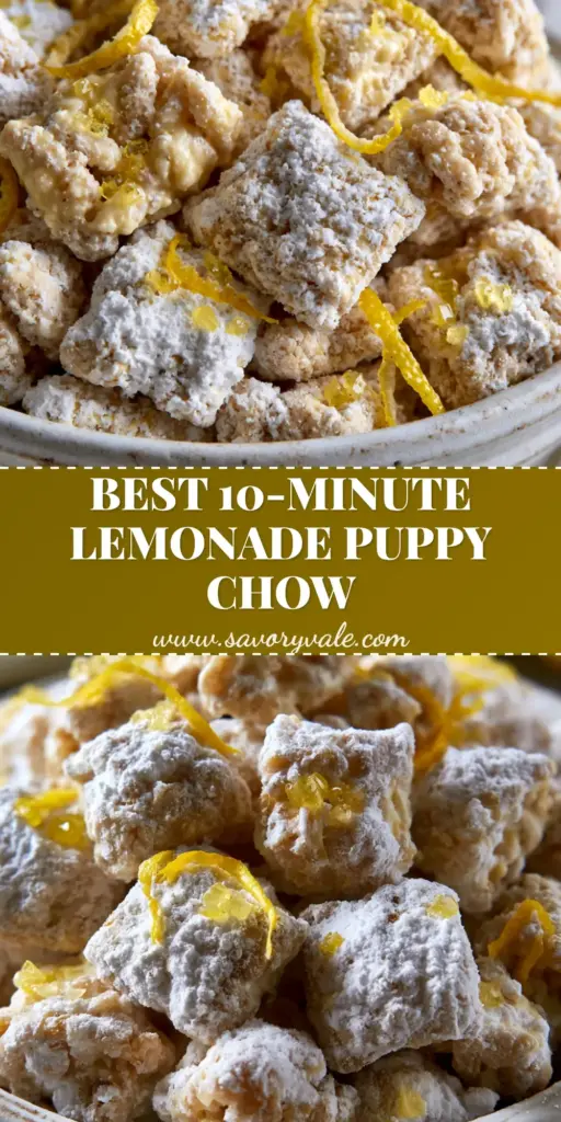 A tall pile of lemonade puppy chow in a rustic white bowl featuring lemon zest ribbons and yellow sugar crystals.
