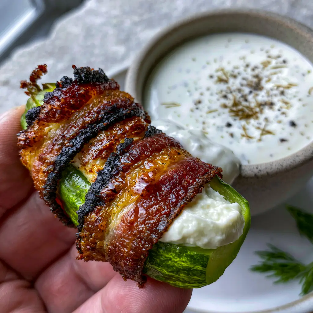 Pickle Poppers: The Ultimate Crispy Bacon-Wrapped Appetizer 2 A handheld smartphone photo of a single golden-brown air-fried pickle popper being dipped into ranch dressing. (pickle poppers)