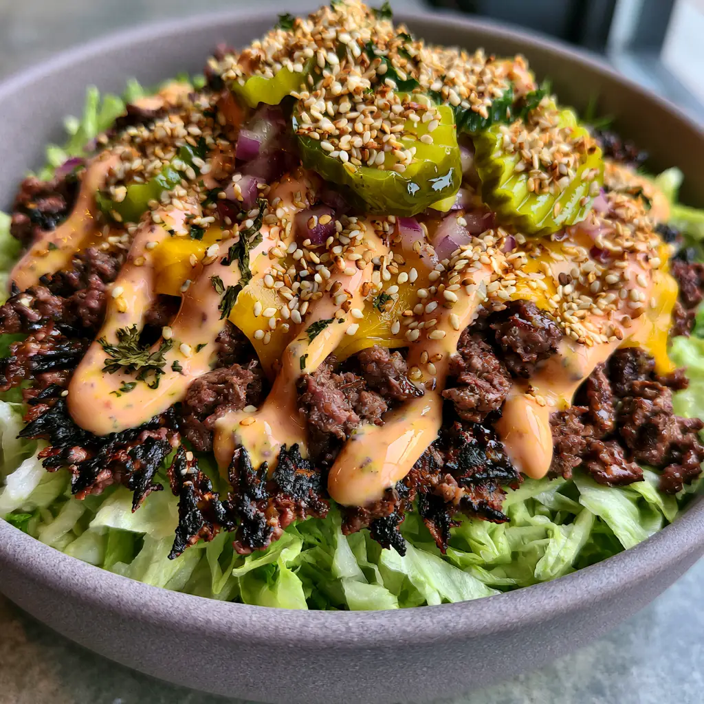 Smash Burger Bowl Recipe with Crispy Charred Beef and Secret Sauce 1 A top-down view of a smash burger bowl showing crinkle-cut pickles, red onions, and sesame seed garnish. (smash burger bowl)