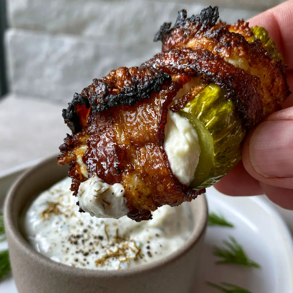 Pickle Poppers: The Ultimate Crispy Bacon-Wrapped Appetizer 1 A single air-fried pickle popper held up to show the charred applewood bacon and thick chive cream cheese filling.