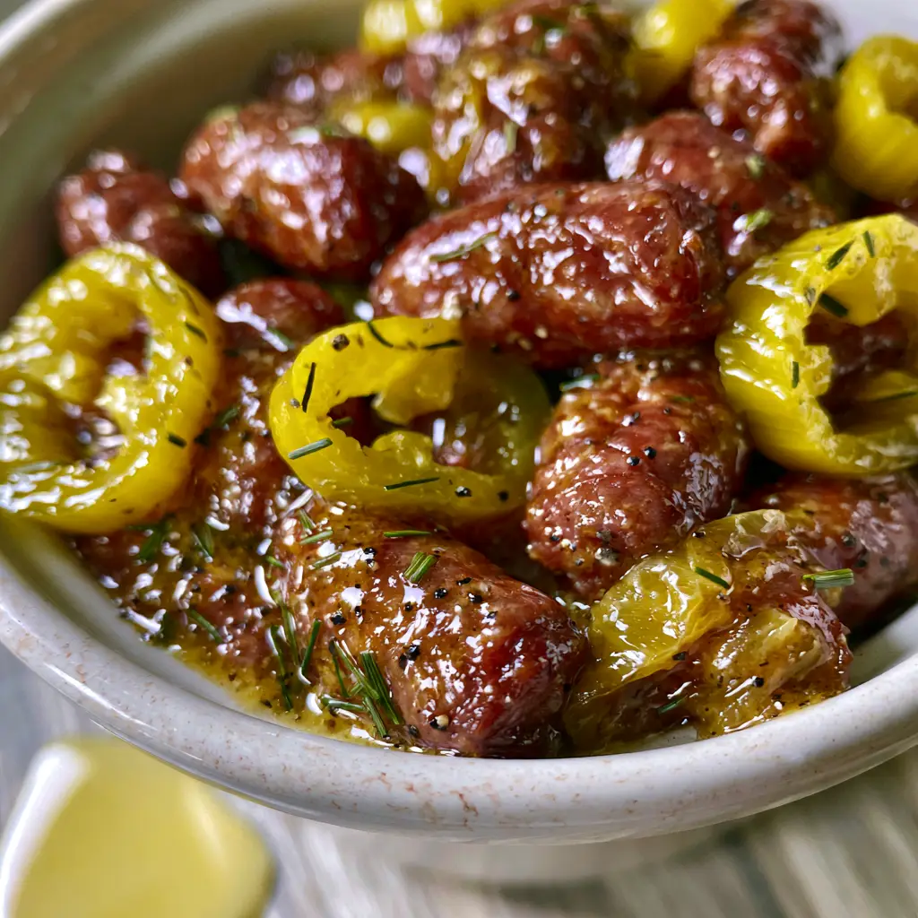 Mississippi Lil' Smokies: The Ultimate Slow Cooker Party Appetizer 1 Top-down view of a rustic white slow cooker insert filled with Mississippi Lil' Smokies and translucent pepperoncini.