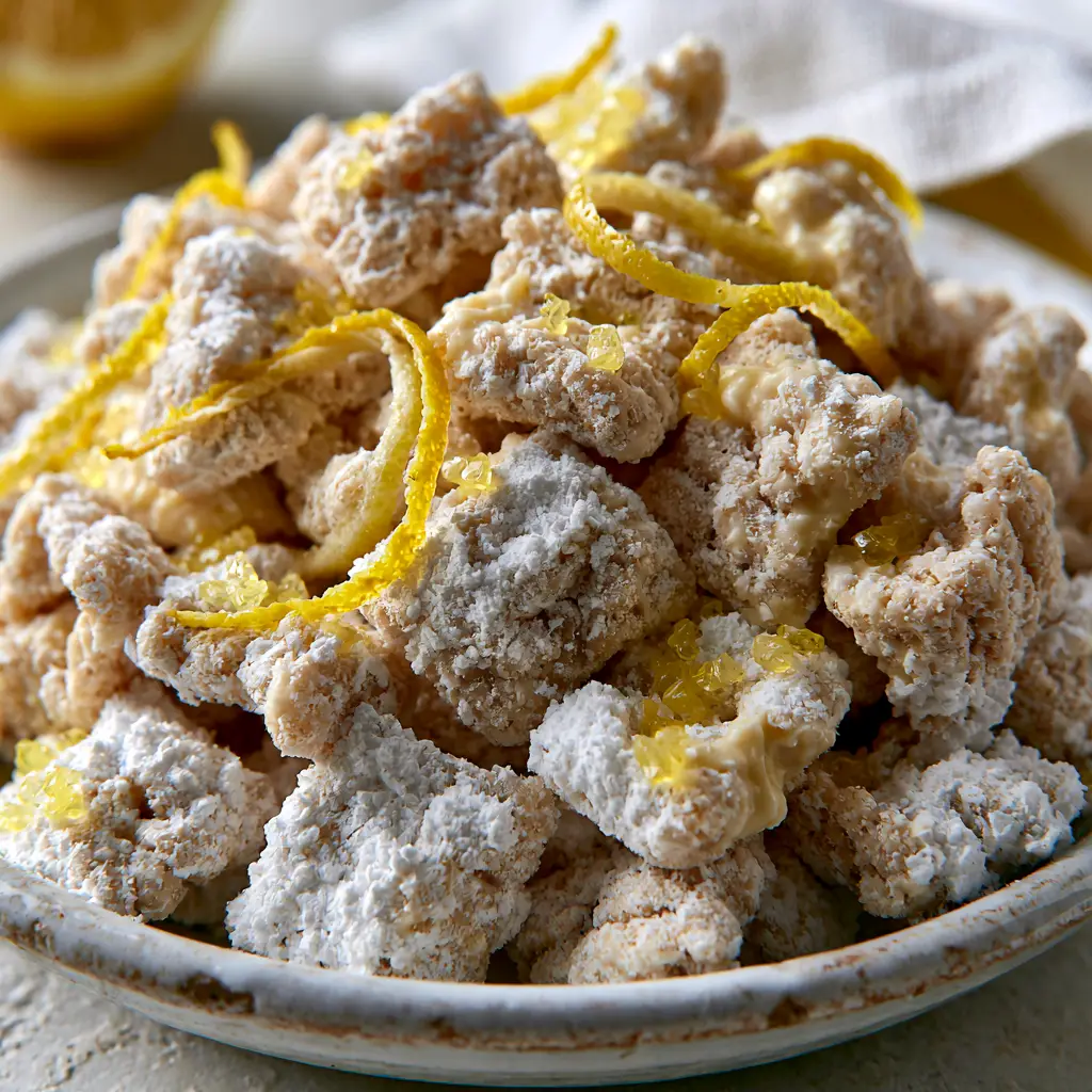 A top-down view of lemon puppy chow squares encrusted in pale yellow glaze and fresh lemon zest ribbons.