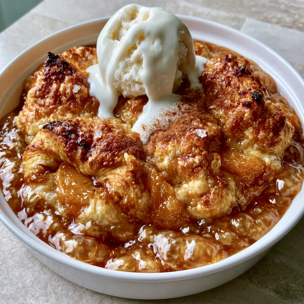 Peach Dumplings with Flaky Crescent Dough and Bubbling Amber Caramel Sauce 2 Extreme detail of flaky crescent dough Peach Dumplings and bubbling translucent caramel sauce.