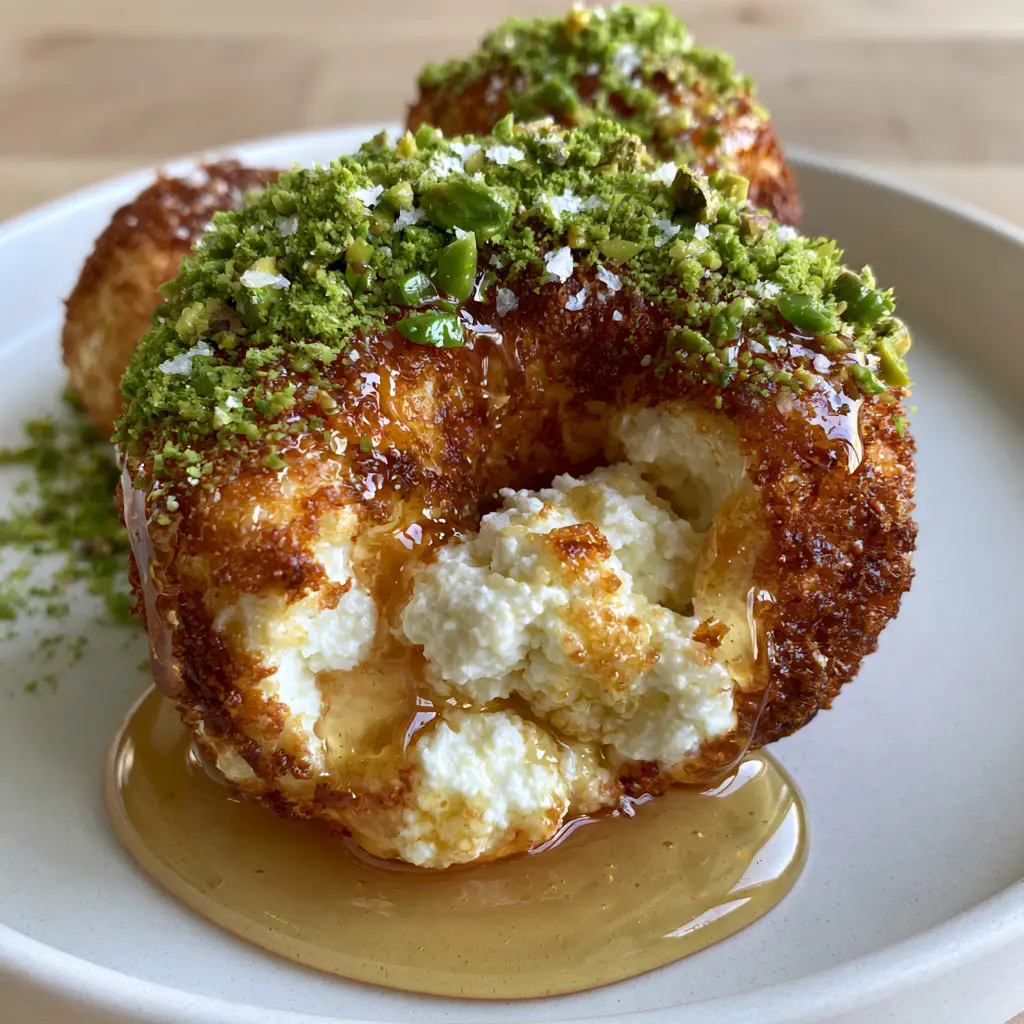 Golden-brown fried ricotta bites glistening with amber honey and topped with vibrant green pistachios on a white plate. (ricotta pistachio honey bites)