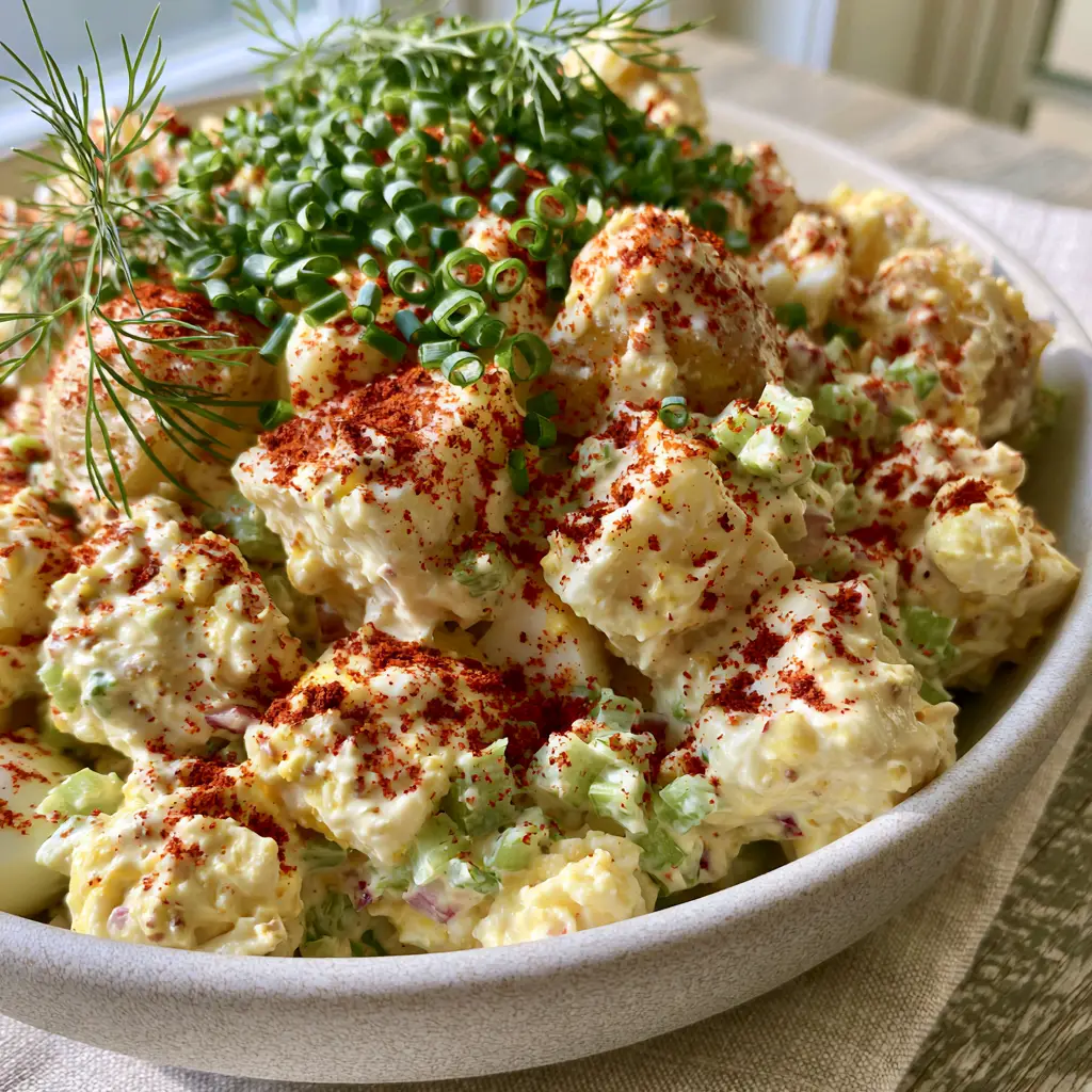 Close-up detail of smoked paprika and chive garnish on creamy Southern Potato Salad.