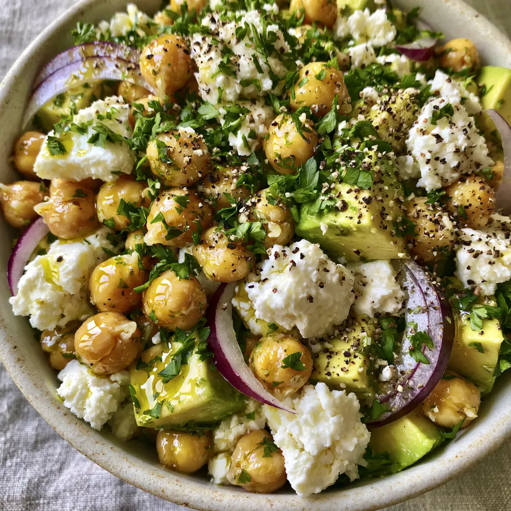 A top-down aesthetic shot of chickpea feta avocado salad with heavy parsley garnish and cracked black pepper. (chickpea feta avocado salad)