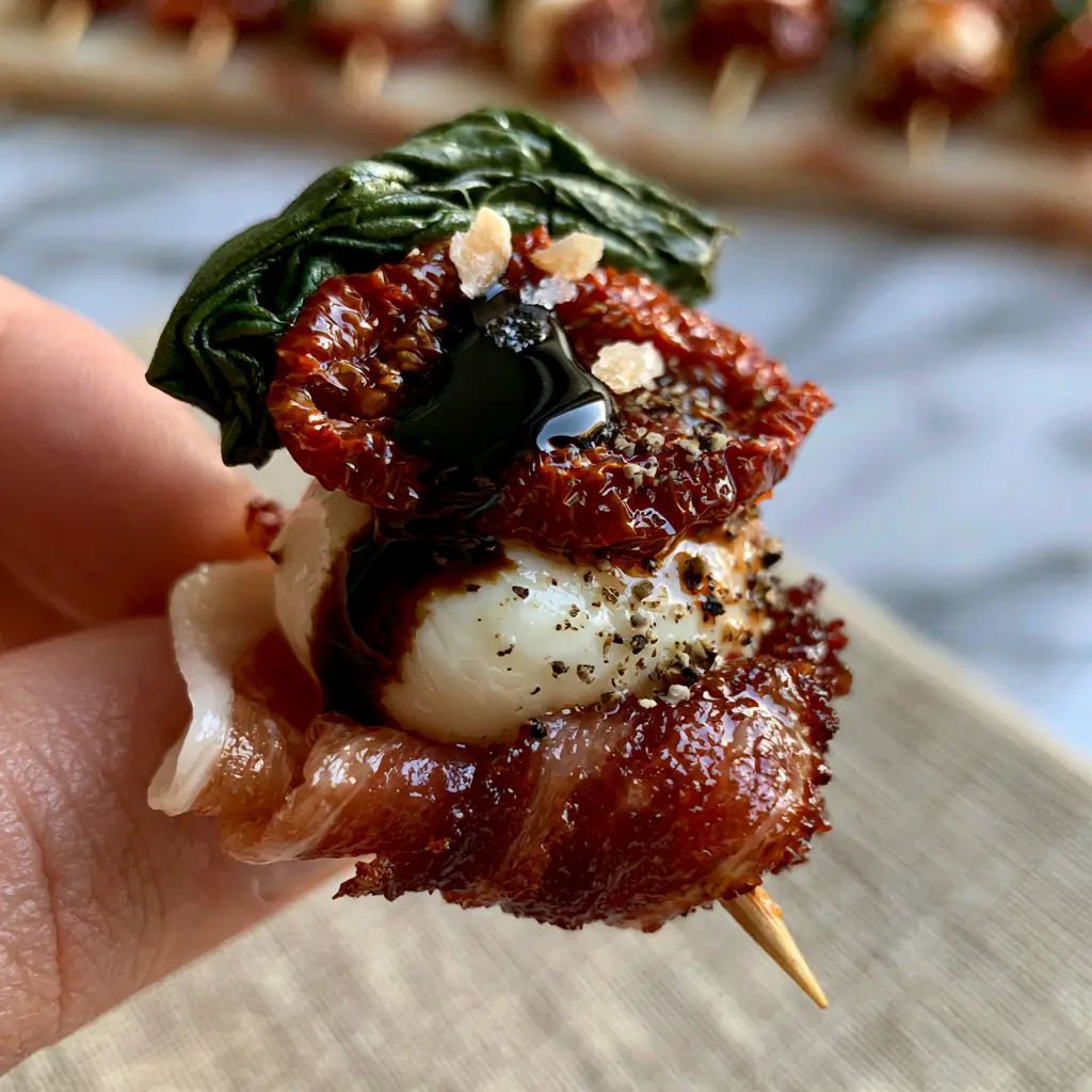 Cold appetizers: Mediterranean Prosciutto and Mozzarella Caprese Skewers 2 Handheld smartphone photo of a stunning Mediterranean grazing skewer featuring ribboned prosciutto and buffalo mozzarella. (cold appetizers)