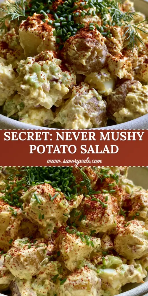 A close-up of premium Southern Potato Salad with thick dressing, chives, and smoked paprika in a white stoneware bowl. (Southern Potato Salad)
