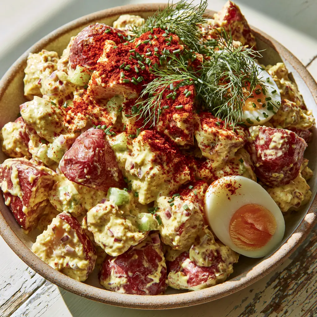 Southern Potato Salad with Red-Skin Potatoes and Soft-Yolk Eggs 1 Side view of creamy Southern potato salad with fresh dill sprigs and chopped chives. (southern potato salad)