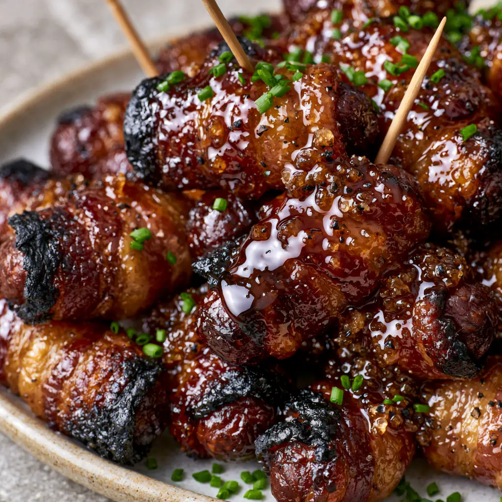 A macro shot focusing on the cracked black pepper and chive garnish on a bourbon glazed little smokie. (bacon wrapped little smokies)