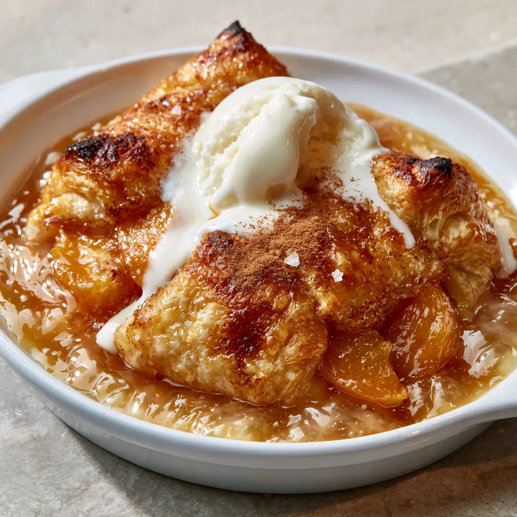 Peach Dumplings with Flaky Crescent Dough and Bubbling Amber Caramel Sauce 1 Close-up of melting vanilla ice cream cascading over warm syrupy peach dumplings.