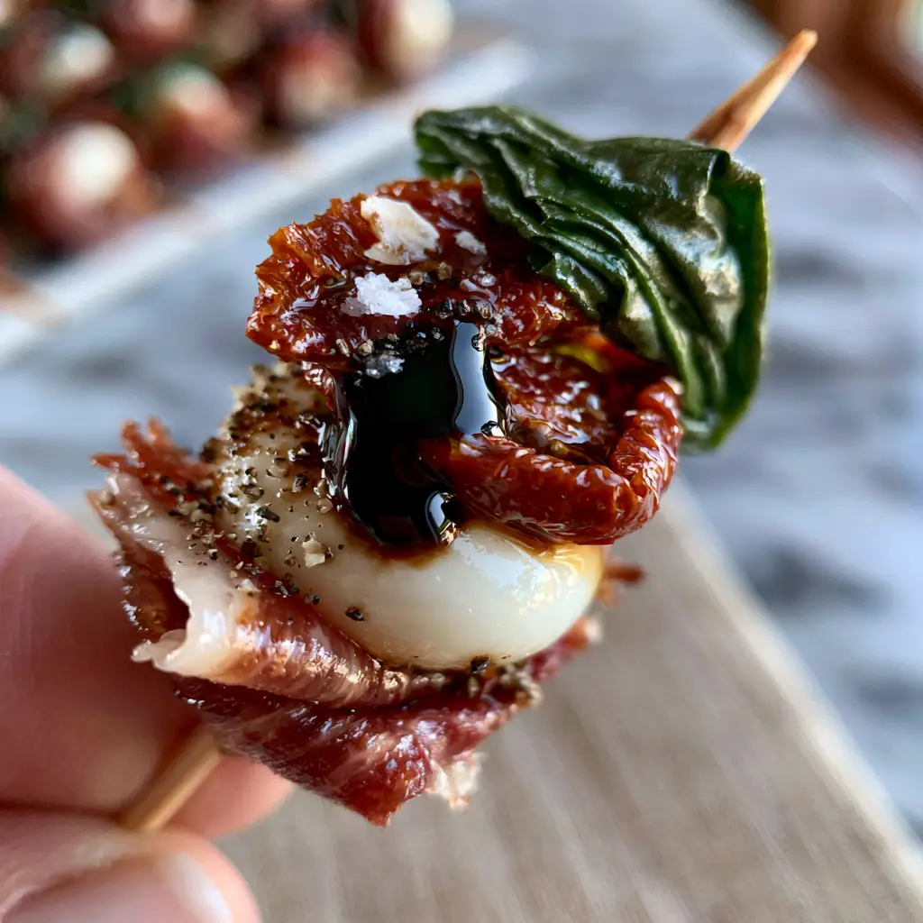 Cold appetizers: Mediterranean Prosciutto and Mozzarella Caprese Skewers 1 Close up of thick balsamic glaze drizzled over porcelain-white buffalo mozzarella pearls on a bamboo skewer.