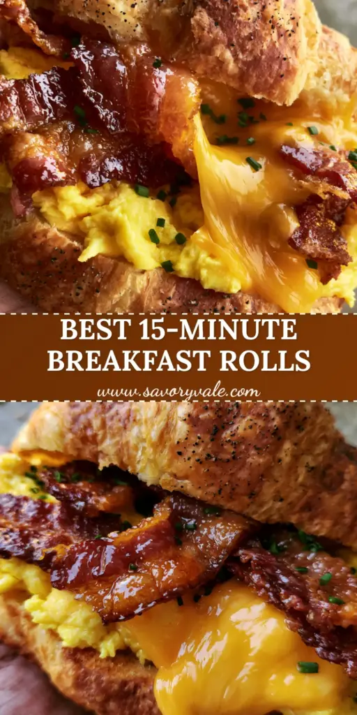 Bacon, egg, and cheese crescent rolls: The Ultimate Flaky Breakfast 4 A close-up of a hand holding a flaky, golden-brown bacon, egg, and cheese crescent roll with a visible cheese pull.