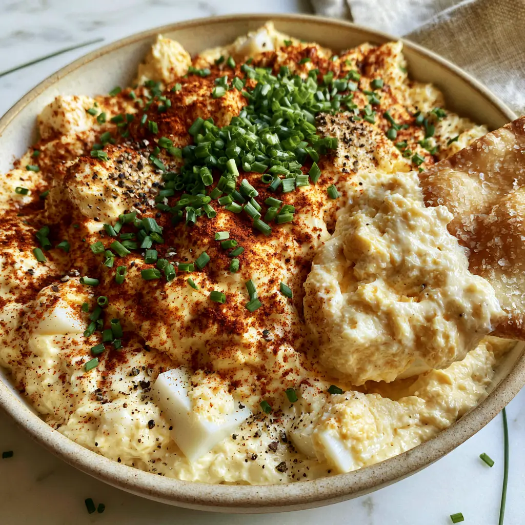 Deviled Eggs Dip: The Ultimate Creamy Party Appetizer 2 A wide shallow bowl of chunky creamy Deviled Eggs Dip with visible egg white cubes and paprika. (Deviled Eggs Dip)