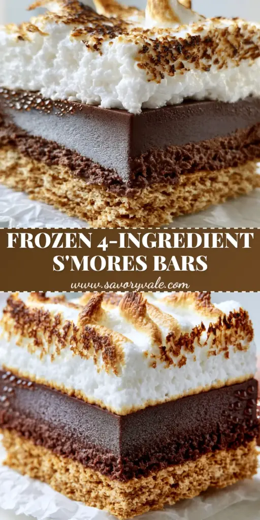 Frozen S'mores Bars with Toasted Marshmallow and Dark Chocolate Ganache 4 A handheld thick frozen s'mores bar with distinct layers of graham crust, dark chocolate ganache, and toasted marshmallow with charred peaks. (Frozen s'mores)
