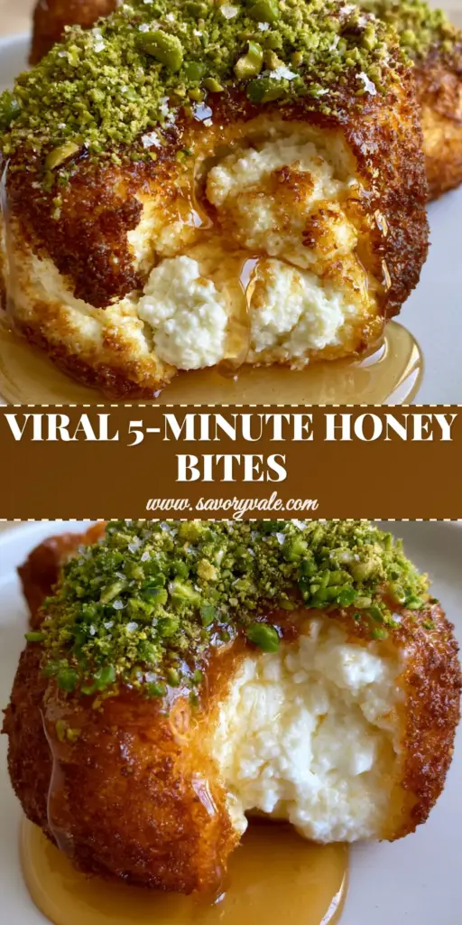 A minimalist white plate holding golden-brown fried ricotta pistachio honey bites drizzled with thick amber honey and emerald pistachios.