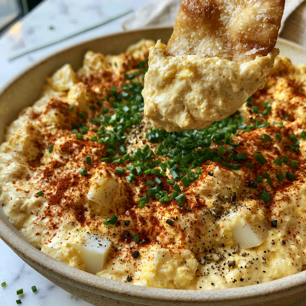 Deviled Eggs Dip: The Ultimate Creamy Party Appetizer 1 Salty golden pita chip scooping into a thick portion of Deviled Eggs Dip on a marble countertop.