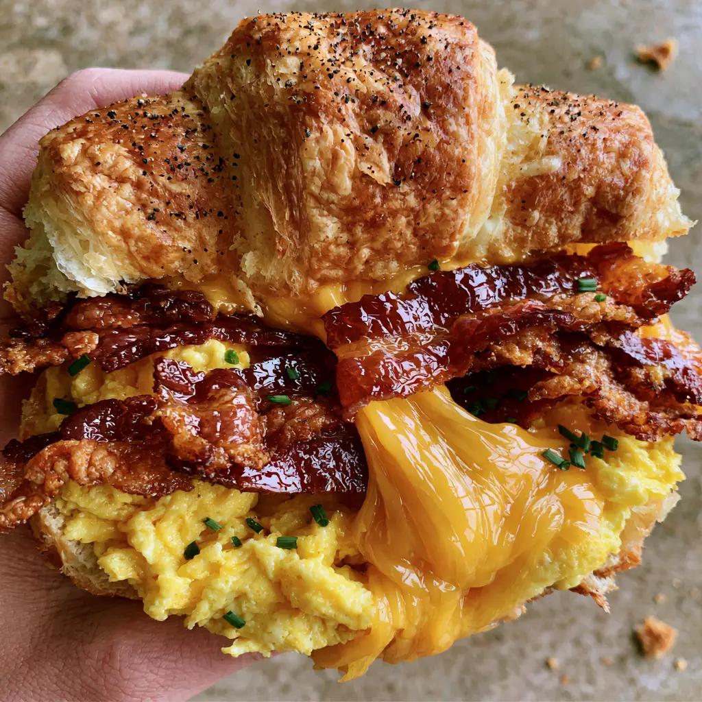 Bacon, egg, and cheese crescent rolls: The Ultimate Flaky Breakfast 2 Top-down view of a hand holding a warm bacon, egg, and cheese crescent roll with glistening bacon and melted cheddar.