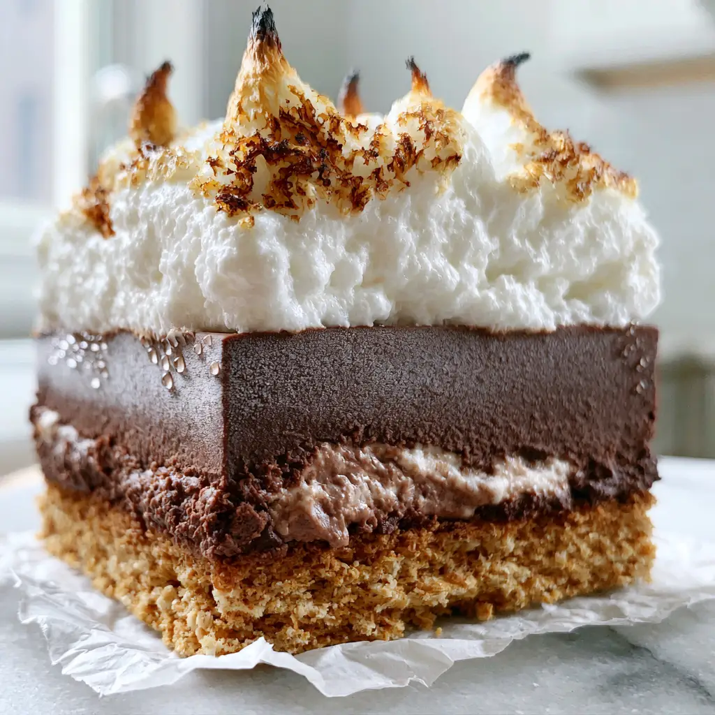 Frozen S'mores Bars with Toasted Marshmallow and Dark Chocolate Ganache 2 Macro view of a frozen s'mores bar showing micro-condensation on the chocolate layer and charred marshmallow peaks. (Frozen s'mores)