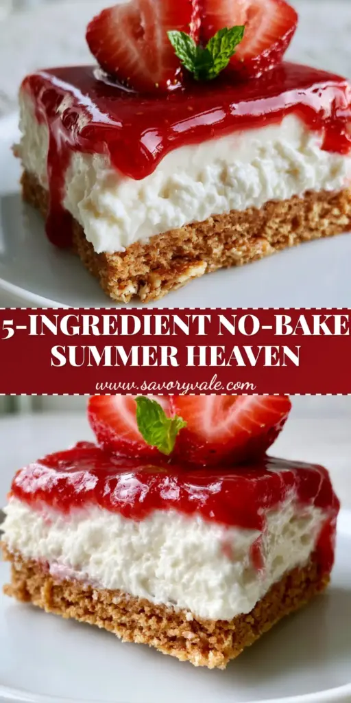No-bake summer desserts: The Ultimate Whipped Strawberry Cheesecake Bars 4 A thick, chilled no-bake strawberry cheesecake bar with a golden graham cracker crust, snowy whipped filling, and glossy red glaze. (No-bake summer desserts)