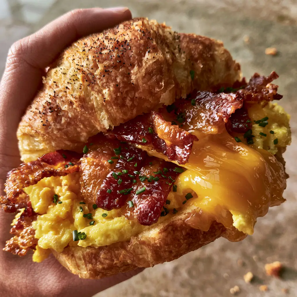 Bacon, egg, and cheese crescent rolls: The Ultimate Flaky Breakfast 1 Extreme close-up of soft-scrambled eggs and thick-cut bacon inside a flaky crescent roll.