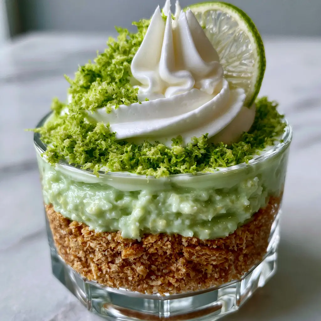 Key lime pie trifle: The Ultimate Easy No-Bake Individual Summer Dessert 2 A 45-degree angle shot of an individual Key lime pie trifle showing the distinct layers of crumbs and pale-mint green filling.