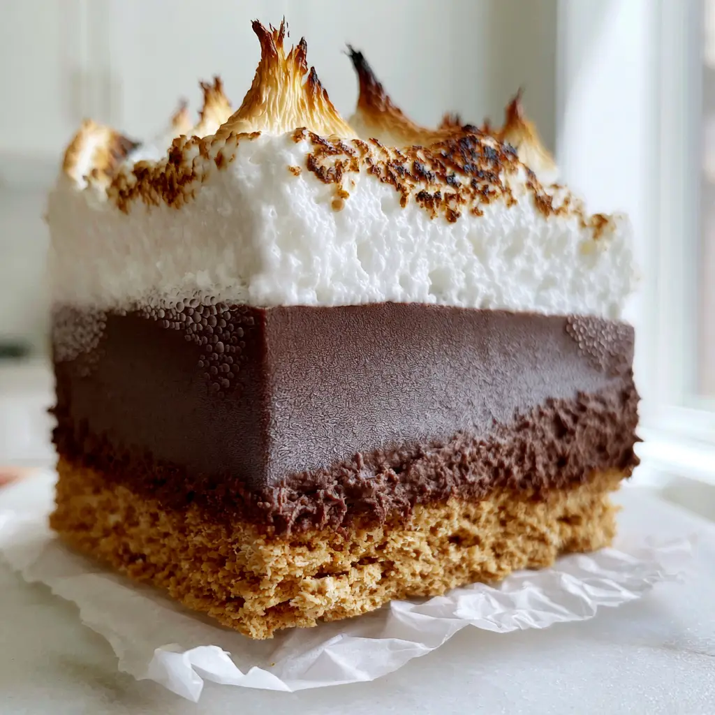 Frozen S'mores Bars with Toasted Marshmallow and Dark Chocolate Ganache 1 A close-up shot of the three perfectly straight layers of a frozen s'mores bar against a bright kitchen background.