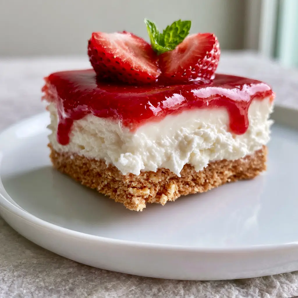 No-bake summer desserts: The Ultimate Whipped Strawberry Cheesecake Bars 2 A macro shot of a 2-inch thick whipped strawberry cheesecake bar held on a white plate. (No-bake summer desserts)