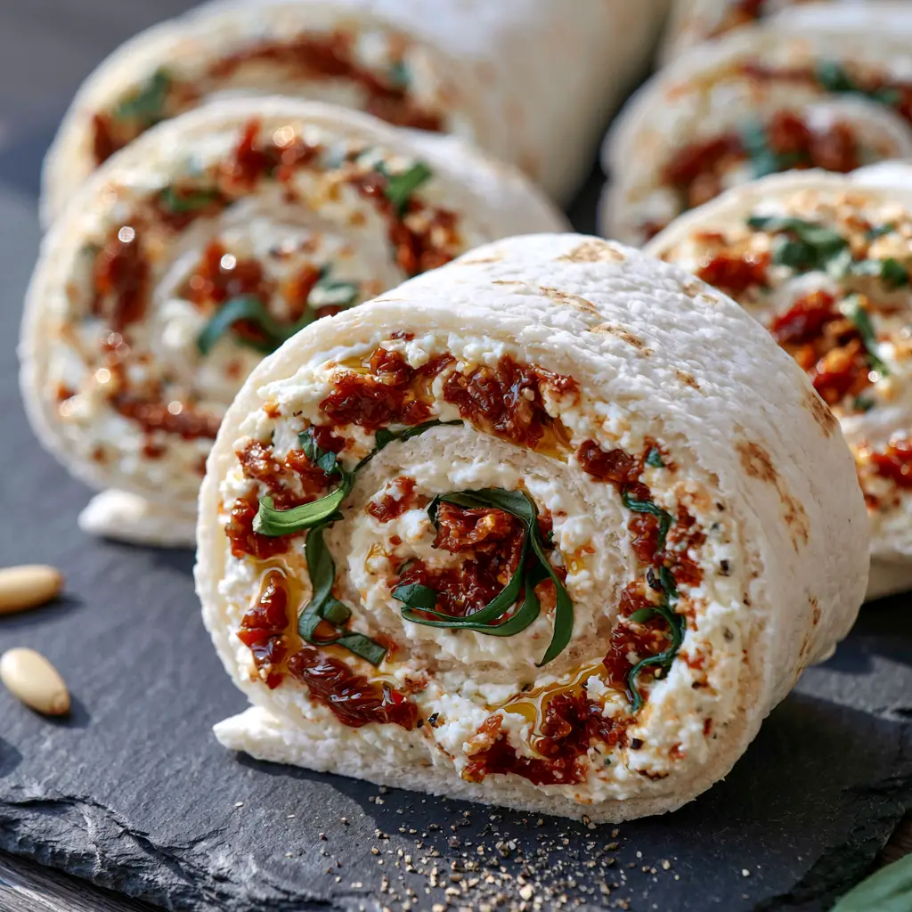sun-dried tomato basil roll-ups: The Ultimate Mediterranean Appetizer 2 A meticulous close-up shot of sun-dried tomato basil roll-ups showing the thick cream cheese layer and fresh basil ribbons. (sun-dried tomato basil roll-ups)