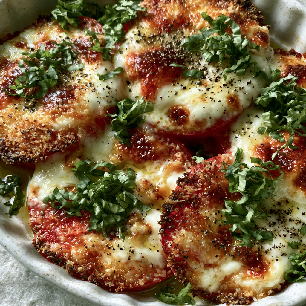 Top-down view of thick Roma tomato slices with a bubbly mozzarella and toasted parmesan crust.