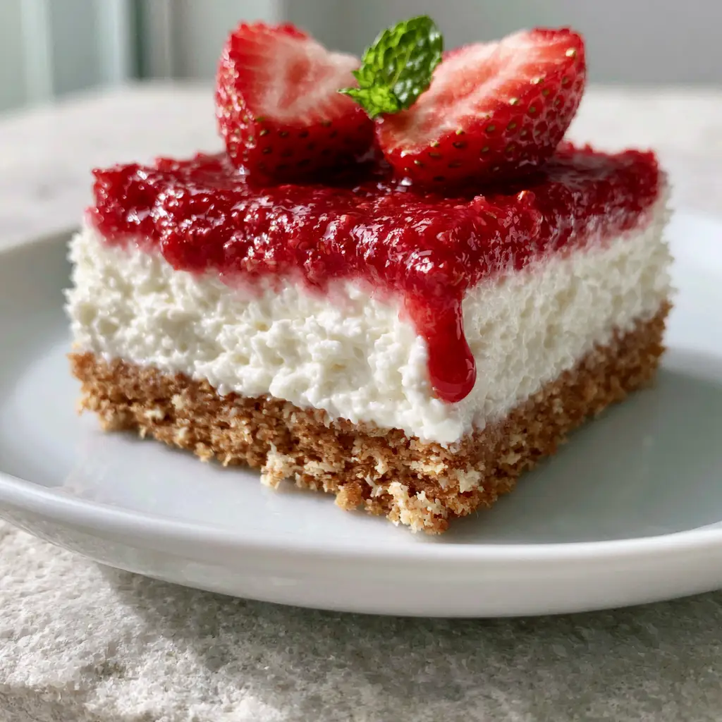 No-bake summer desserts: The Ultimate Whipped Strawberry Cheesecake Bars 1 Close-up of the dense golden-brown graham cracker crust and whipped cream cheese filling. (No-bake summer desserts)