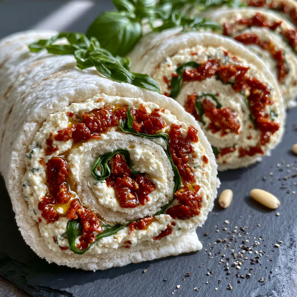 sun-dried tomato basil roll-ups: The Ultimate Mediterranean Appetizer 1 Cleanly sliced sun-dried tomato basil roll-ups on a matte slate board with scattered pine nuts and black pepper garnish.