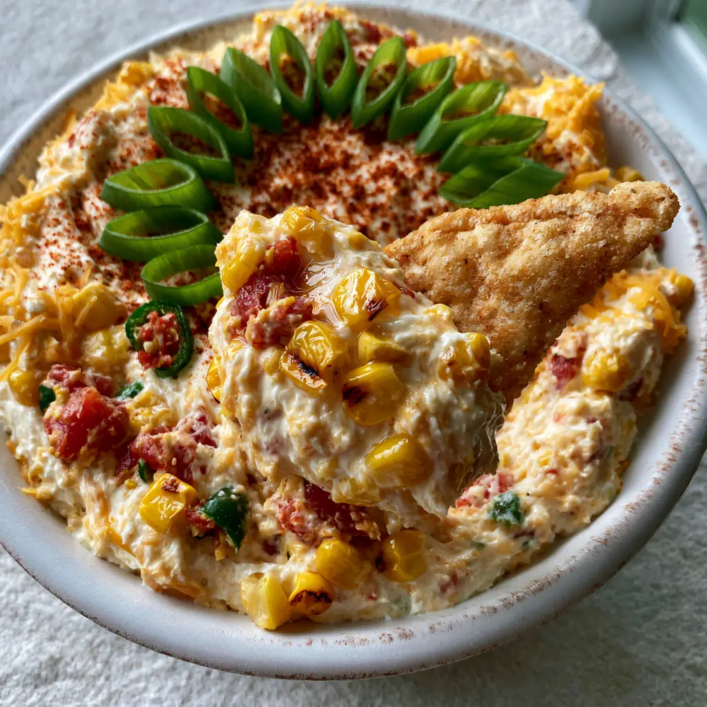 Corn Dip: The Ultimate Creamy Crack Corn Dip with Smoky Charred Corn 2 High-angle shot of thick Corn Dip showing glistening textures of cream cheese, corn, and tomatoes. (Corn Dip)