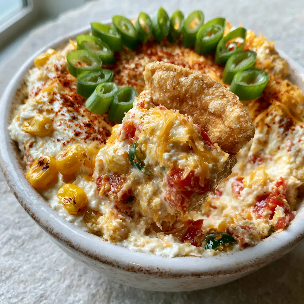 Corn Dip: The Ultimate Creamy Crack Corn Dip with Smoky Charred Corn 1 Close up of Corn Dip garnished with a precise circle of green onions and a dusting of smoked paprika. (Corn Dip)