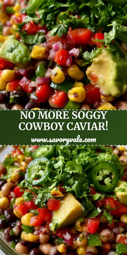 Cowboy Caviar Dip: The Ultimate Vibrant and Zesty Summer Party Appetizer 4 A close-up vertical shot of Cowboy Caviar Dip in a glass bowl featuring charred corn, black beans, and avocado chunks on a marble surface.