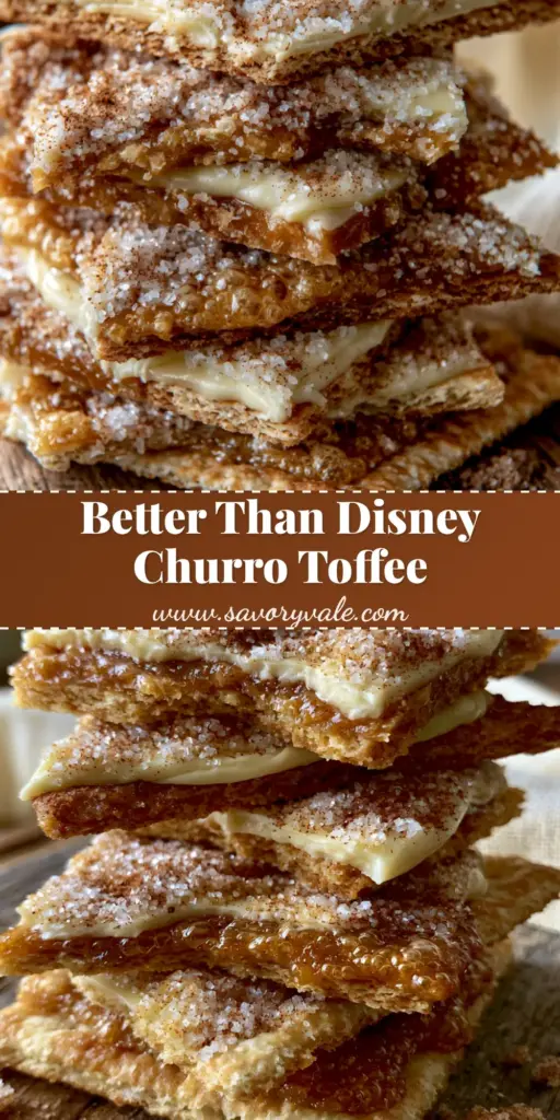 A tall stack of jagged Churro Saltine Toffee shards with visible layers of cracker, amber toffee, and white chocolate dusted with cinnamon sugar.