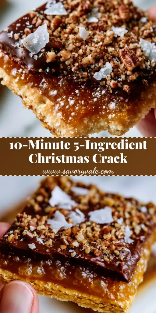 Caramel Cracker Bites with Dark Chocolate and Toasted Pecans 4 A stack of Caramel Cracker Bites with dark chocolate, pecans, and sea salt on a white marble background.