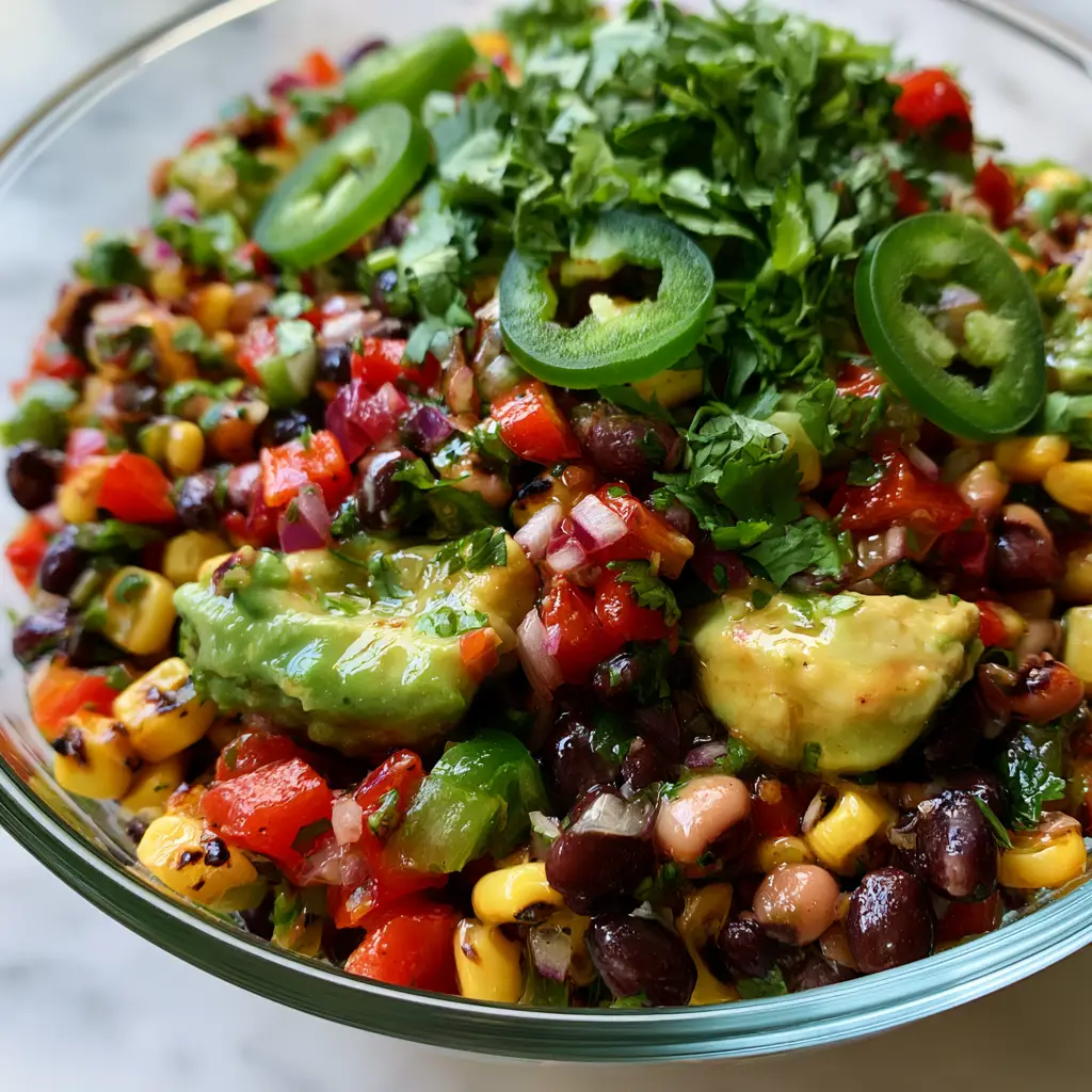 Cowboy Caviar Dip: The Ultimate Vibrant and Zesty Summer Party Appetizer 2 A macro top-down view of Cowboy Caviar Dip showing the texture of matte black beans, charred corn, and glossy lime vinaigrette.
