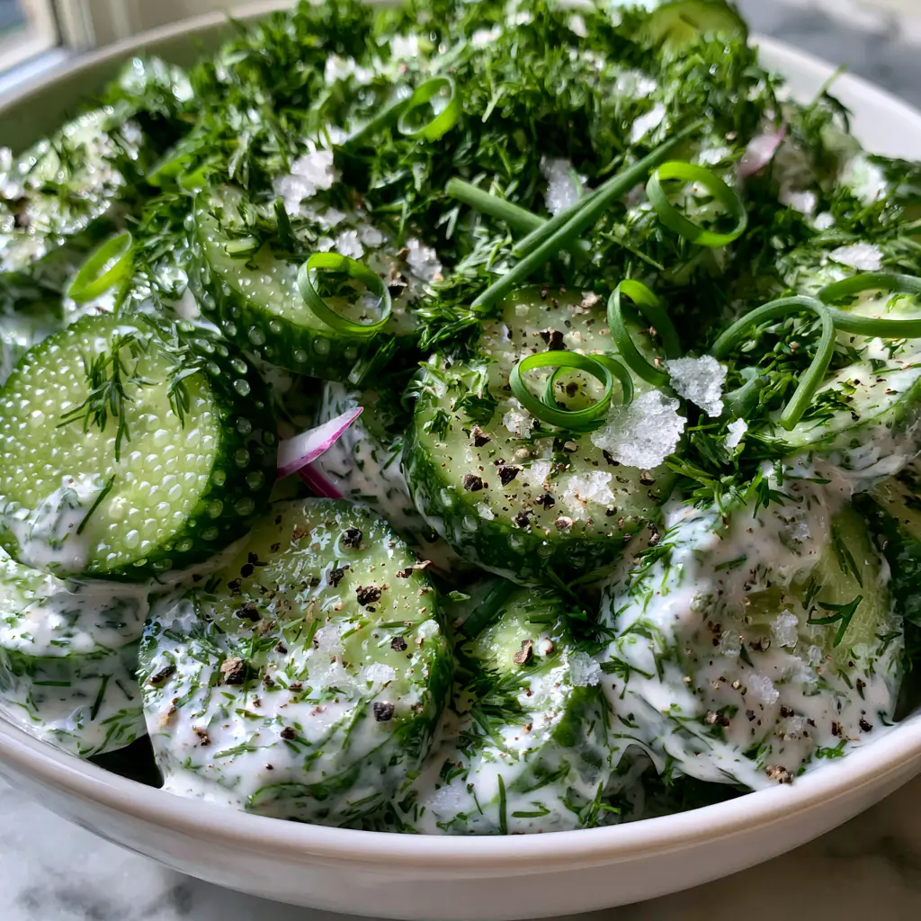 Overhead view of Cucumber Ranch Salad with a dense forest of dill and black pepper flakes.