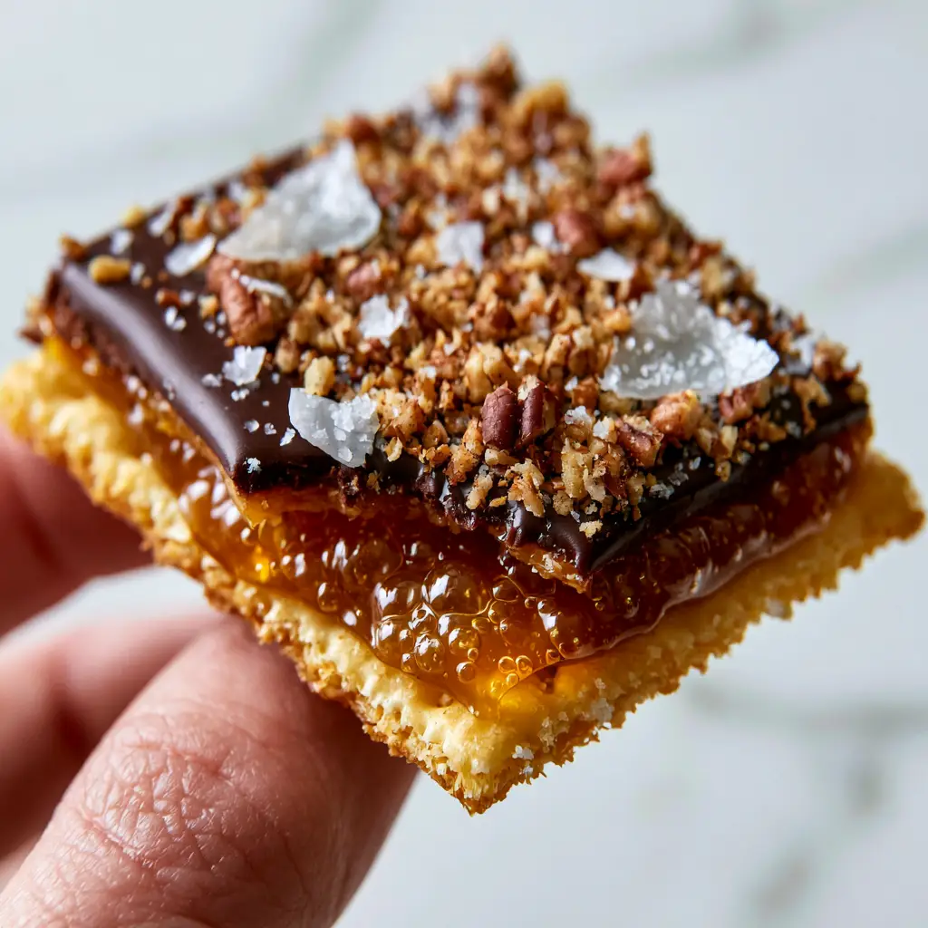 Caramel Cracker Bites with Dark Chocolate and Toasted Pecans 2 Extreme macro close-up of a shard of Caramel Cracker Bites showing the bubbling amber toffee and glossy chocolate.