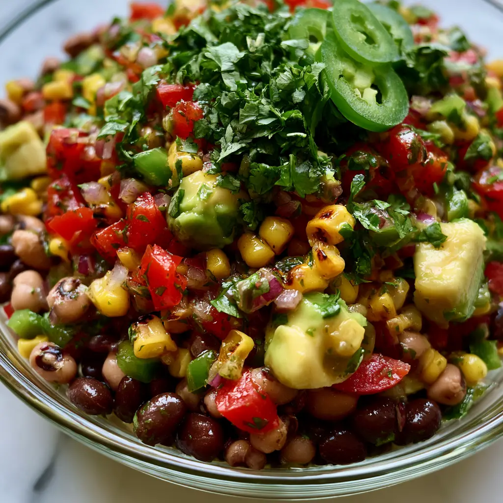 Cowboy Caviar Dip: The Ultimate Vibrant and Zesty Summer Party Appetizer 1 A clear artisanal bowl filled with Cowboy Caviar Dip highlighting the bright red and green bell peppers and creamy avocado chunks.