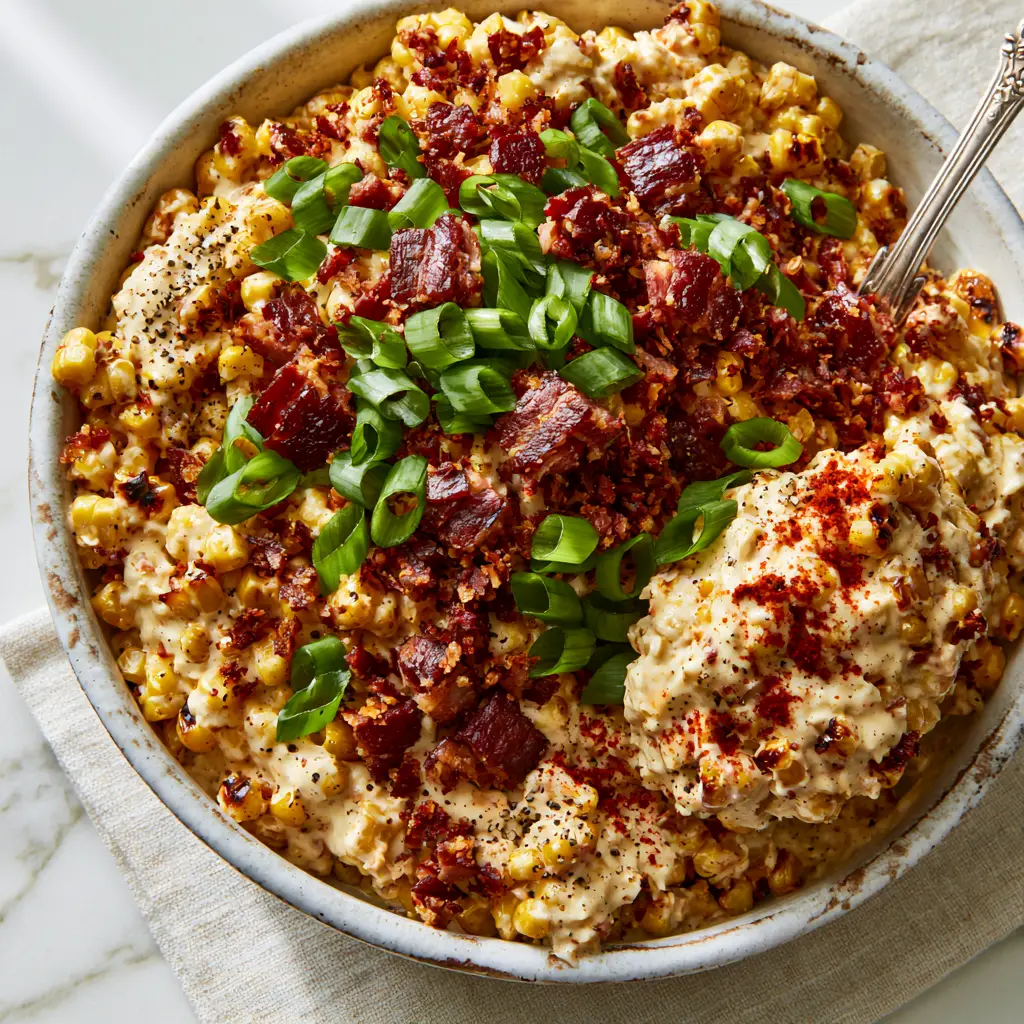 Crack Corn Salad with Charred Sweet Corn and Crispy Bacon 2 Top-down view of creamy Crack Corn Salad with ivory dressing and smoked paprika dusting in a rustic bowl.