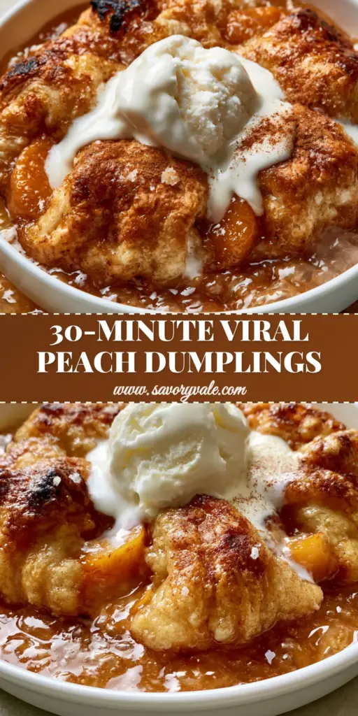 Peach Dumplings with Flaky Crescent Dough and Bubbling Amber Caramel Sauce 4 A ceramic dish filled with golden-brown Peach Dumplings in bubbling amber caramel sauce with melting vanilla ice cream.
