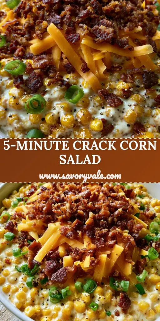 Crack Corn Salad with Crispy Applewood Bacon and Sharp Cheddar 3 A close-up vertical shot of creamy crack corn salad topped with crispy applewood bacon and melting orange cheddar in a white bowl. (crack corn salad)