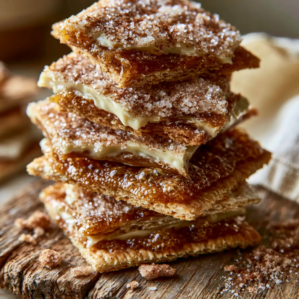 A rustic stack of Churro Saltine Toffee on a wooden surface with a linen napkin background.