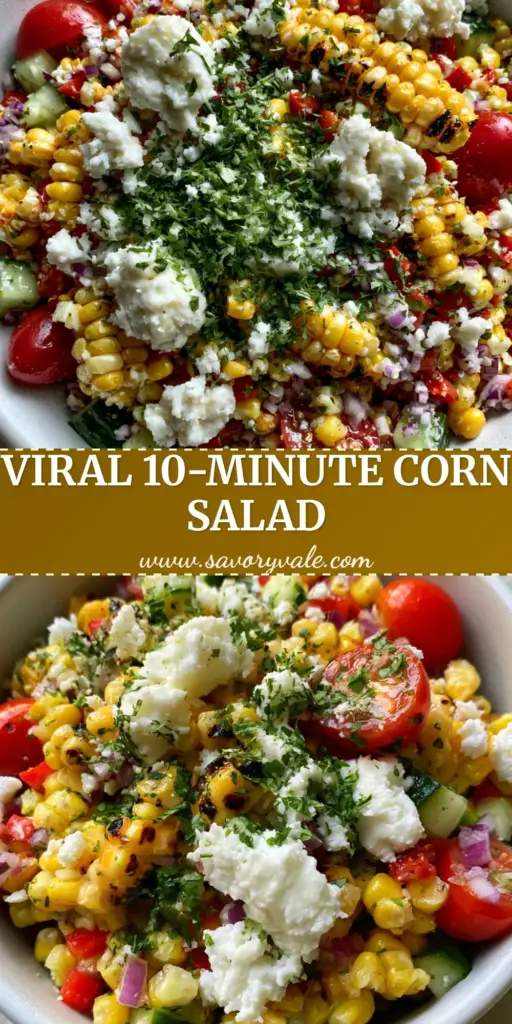 Corn Salad with Charred Kernels and Zesty Lime Vinaigrette 4 A vibrant Corn Salad in a white bowl featuring charred yellow corn, red tomatoes, green cucumbers, and cotija cheese crumbles.