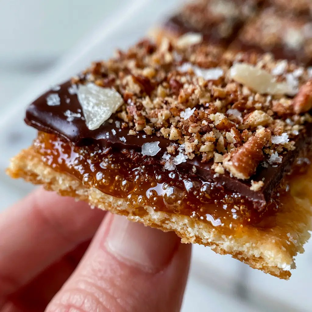 Caramel Cracker Bites with Dark Chocolate and Toasted Pecans 1 A hand holding a broken piece of Caramel Cracker Bites against a white marble background with golden hour lighting.