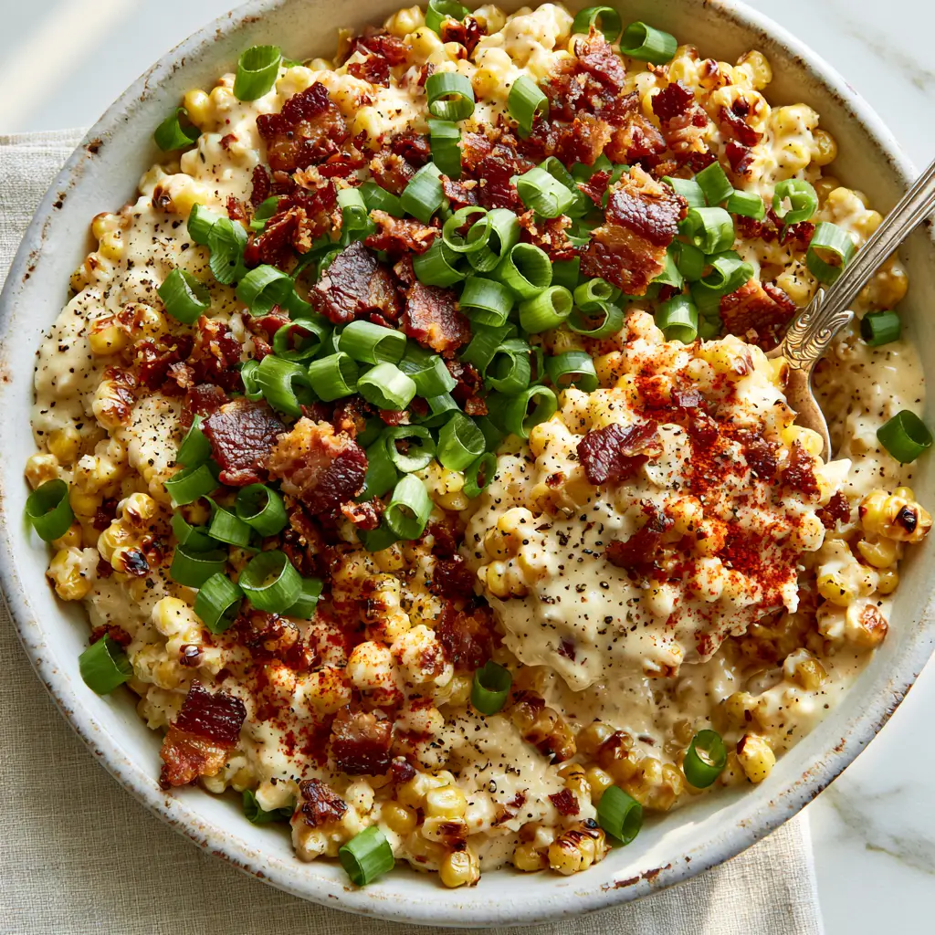 Crack Corn Salad with Charred Sweet Corn and Crispy Bacon 1 Macro shot of Crack Corn Salad showing the texture of mahogany bacon bits and bright green scallions.