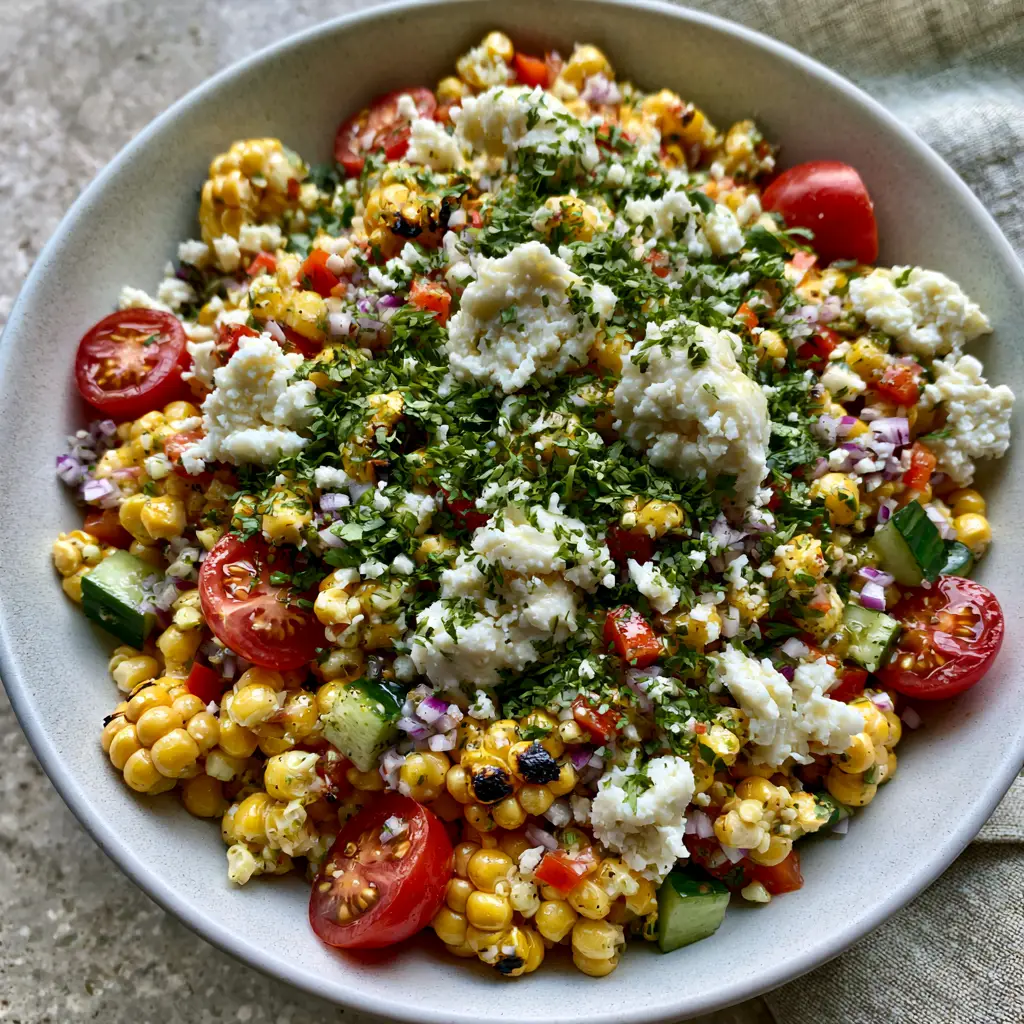 Corn Salad with Charred Kernels and Zesty Lime Vinaigrette 2 Overhead view of Corn Salad showing charred kernels, cherry tomatoes, and moist cotija cheese crumbles in a matte white bowl. (Corn Salad)