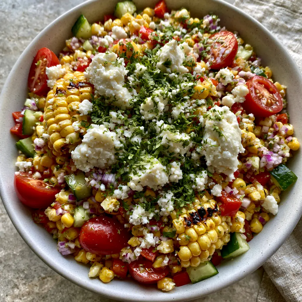 Corn Salad with Charred Kernels and Zesty Lime Vinaigrette 1 Close up of the glistening lime vinaigrette coating on a colorful Corn Salad with cilantro garnish. (Corn Salad)